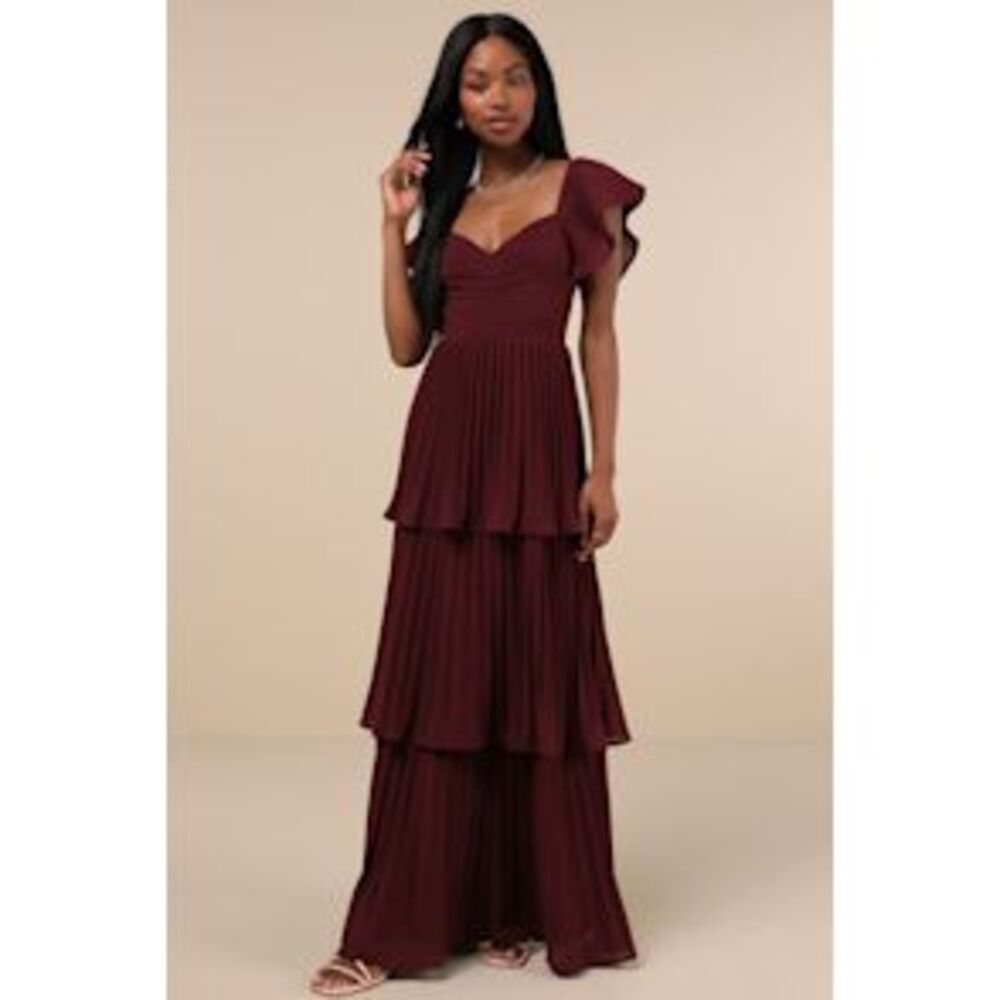 Tiered Burgundy Maxi Dress with Flutter Sleeve